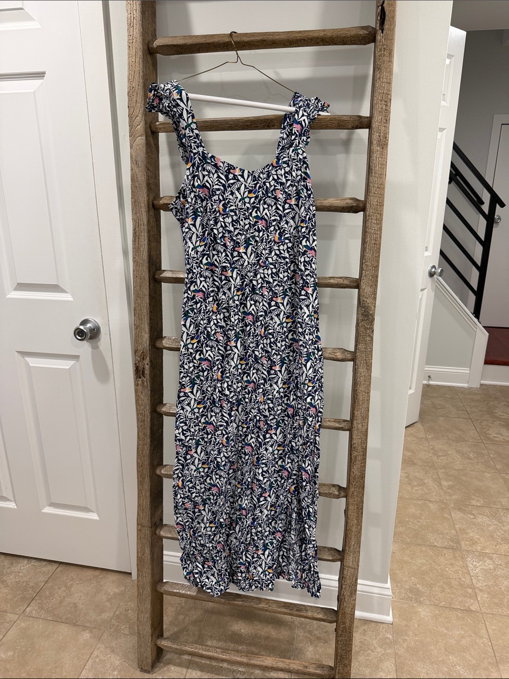 LOFT Floral/Bird Printed Navy Maxi Dress with Ruffled Straps, Size 4